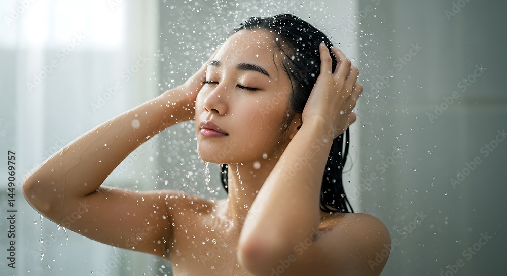 Naklejka premium Asian woman with her eyes closed under a misty shower stream, hands gently massaging her scalp