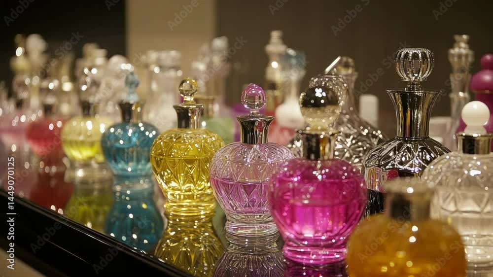Colorful perfume bottles displayed on a surface.