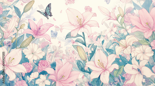 Wallpaper Mural Seamless pattern with pink lilies and roses Torontodigital.ca