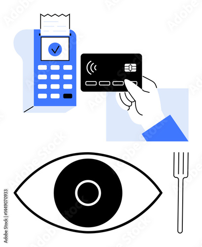 Credit card in hand near POS terminal generating receipt, abstract eye, and fork. Ideal for fintech, retail, technology, culinary services, e-commerce, security and simple landing page