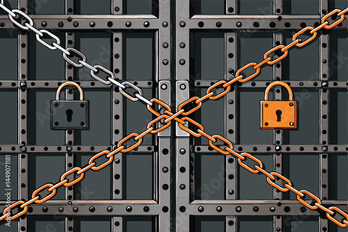 Generate a vector illustration of repeating chains, padlocks, and a broken cell door, emphasizing a sense of confinement and freedom.