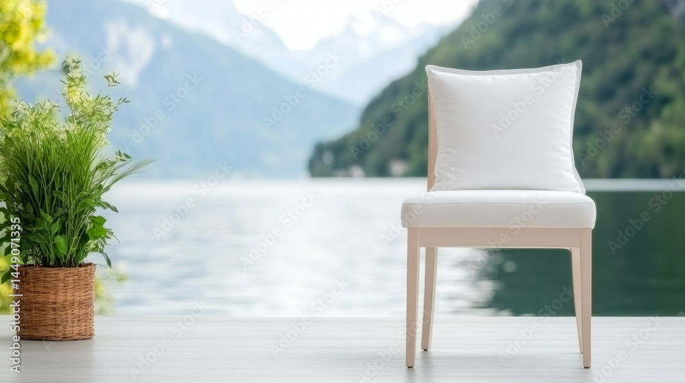 Fototapeta premium Minimalist white chair and greenery by mountain lake