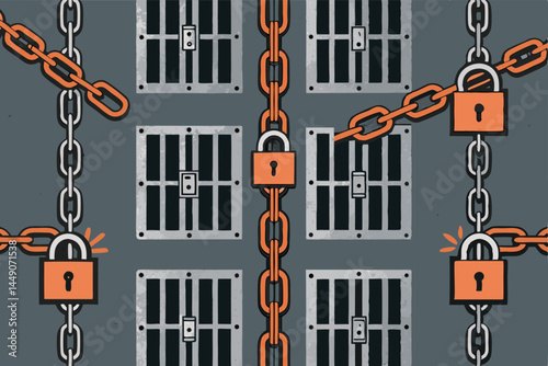 Intricate vector illustration of repeating chains, padlocks, and a broken prison cell, depicting themes of captivity and freedom.