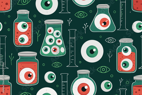 Create a repeating vector pattern featuring numerous eyeballs floating in glass jars, set against a stark white background.  One jar should be noticeably different.