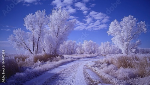 Winter wonderland road through frosted trees photo