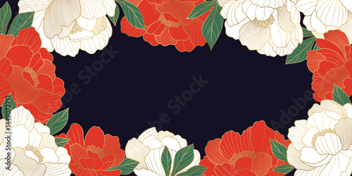 Chinese luxury frame with oriental peony flowers and leaves. Asian vector background of gold lines art texture. Design illustration for wallpaper, card, poster, packaging, advertising