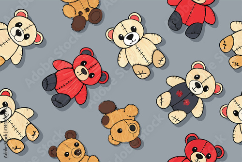 Seamless vector pattern featuring repeatedly distressed, torn teddy bears with exposed stuffing, showcasing vintage, melancholic aesthetic.