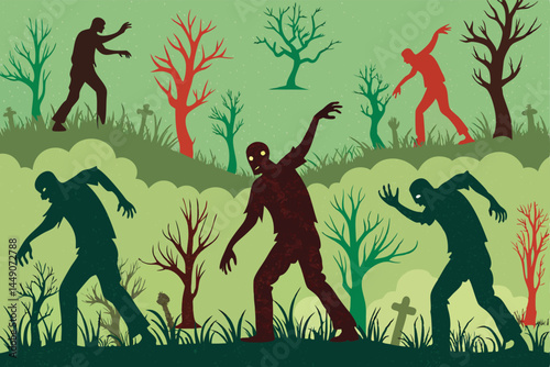 Create a seamless repeating vector pattern of zombies crawling out of the ground, emphasizing decaying flesh and tattered clothing.  Focus on a creepy, yet stylized aesthetic.