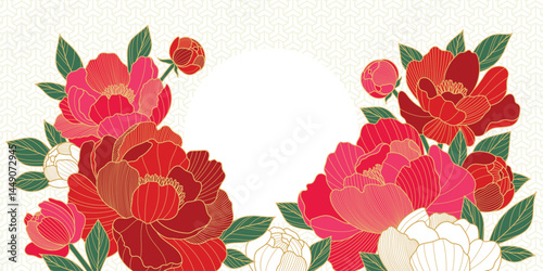 Chinese luxury poster with oriental peony flowers, leaves and circle frame. Asian vector background of gold lines art texture. Design illustration for wallpaper, card, poster, packaging, advertising
