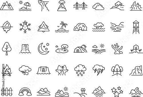 Essential Landscape Icons for Nature, Travel and Weather Design.