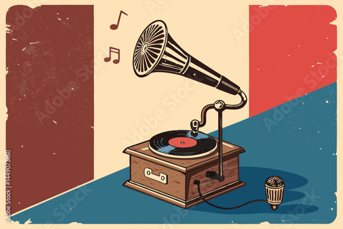 Design a retro-style vinyl record-themed poster for a karaoke club event.  Include vibrant colors, a vintage microphone, and stylized text.