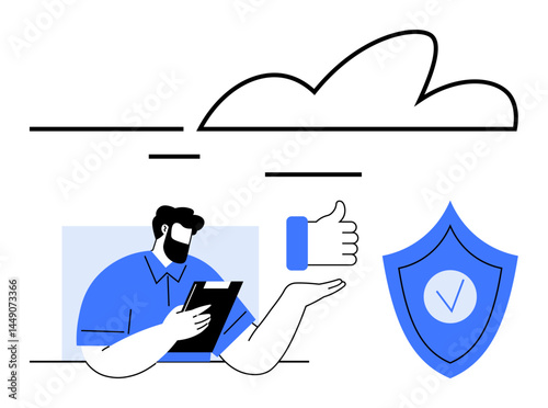 Man holding tablet with cloud, thumbs-up, and shield visualizing data security, trust, technology, online safety, cloud computing, success and innovation. Ideal for digital services simple landing