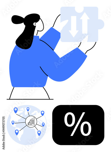 Woman holding puzzle piece with arrows indicating exchange. Globe with global network connections and percentage sign. Ideal for collaboration, strategy, connectivity, finance, problem-solving