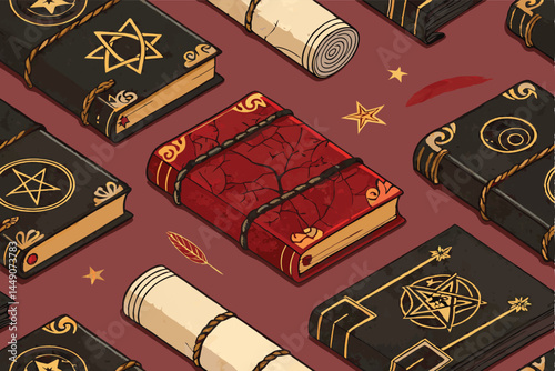 Create a seamless pattern featuring intricately detailed cursed books and ancient scrolls, incorporating mystical symbols and aged textures.
