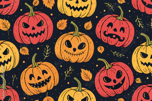 Design a seamless, horrifying pattern featuring decaying jack-o'-lanterns with exposed pulp, visible teeth, and eerie lighting.  Focus on texture and detail for a truly creepy aesthetic.