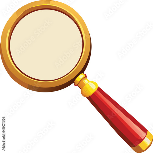 Realistic Magnifying Glass with Golden Rim and Red Wooden Handle.