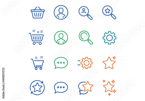E-commerce and User Interface Icon Set. Colorful line icons for e-commerce and UI: shopping basket, user profile/search, shopping cart, chat bubbles, settings gears, and stars for favorites/ratings