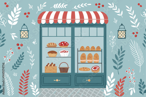 Design a charming seamless pattern showcasing a whimsical bakery window display brimming with fresh bread, pastries, and cakes.