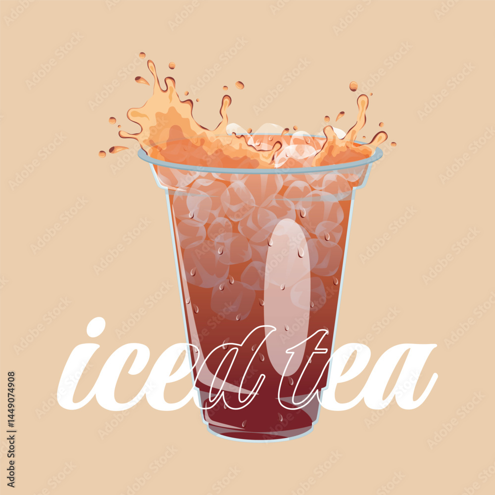 Vector illustration of iced cola drinks in plastic cups with splash effect. Refreshing beverage set for summer or cafe themes.