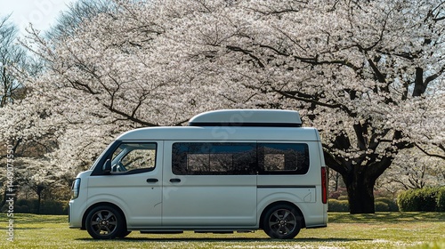 Light-colored van parked beneath blossoming cherry trees.