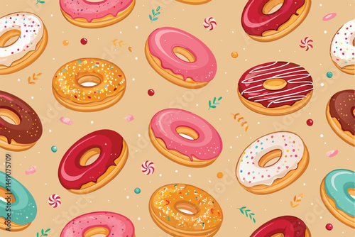 Create a vibrant seamless pattern featuring diversely shaped donuts in various glazes and sprinkles.  Include at least three unique donut forms.