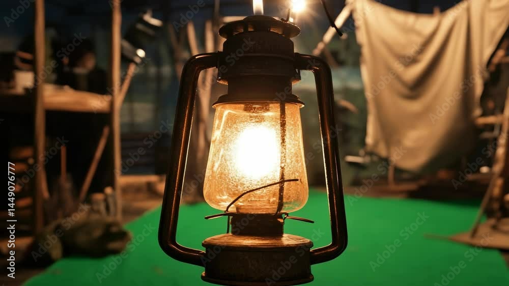 Antique kerosene lamp glows warmly.