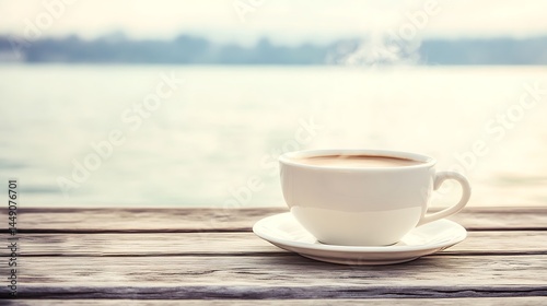 Steaming coffee cup outdoors on wooden surface by lake