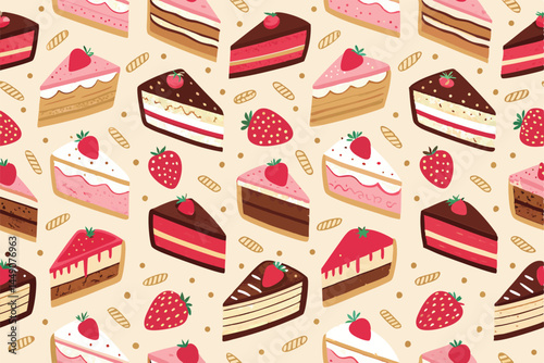Generate a vibrant, seamless repeating pattern featuring diverse cake and pie slices in various colors and styles, suitable for fabric, wrapping paper, or digital backgrounds.