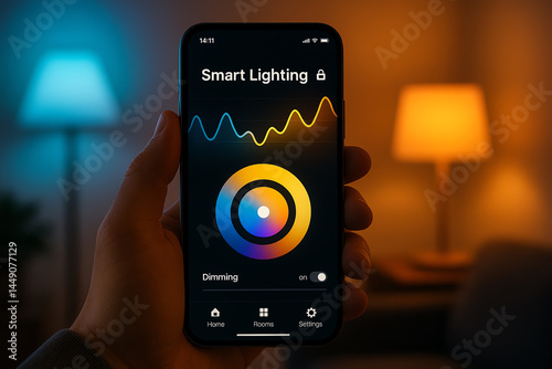A modern smartphone displaying a smart lighting app, showcasing vibrant color options for ambient lighting. The background features stylish lamps, creating a cozy atmosphere.