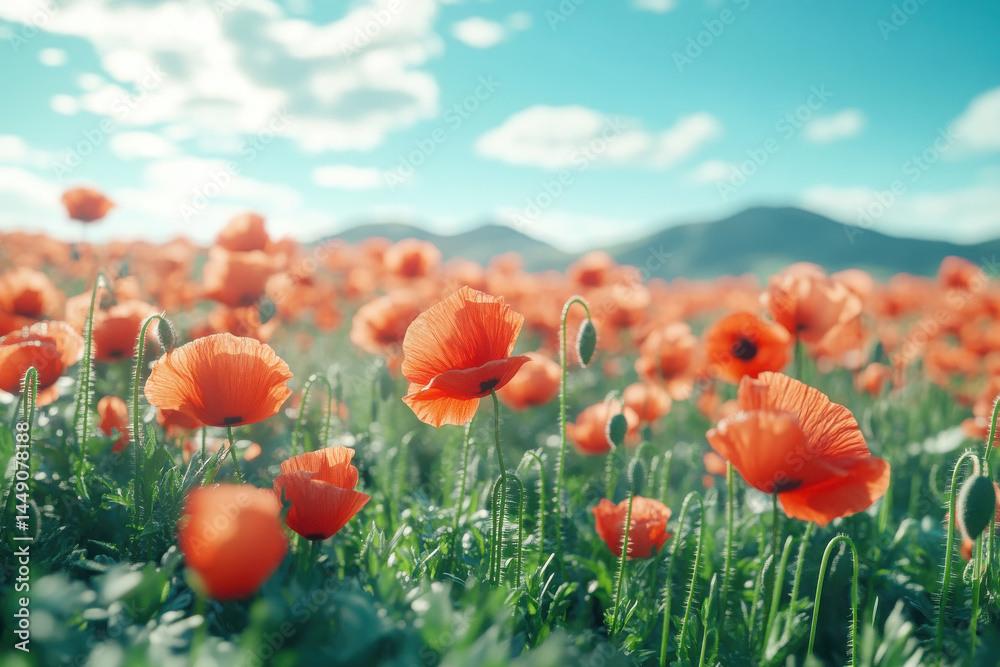 Obraz premium breathtaking landscape showcasing sunny fields filled with vibrant blooming poppy flowers.