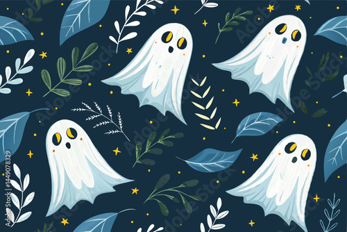 Create a seamless vector pattern featuring ethereal, floating ghostly figures in various poses, ideal for spooky Halloween or gothic designs.