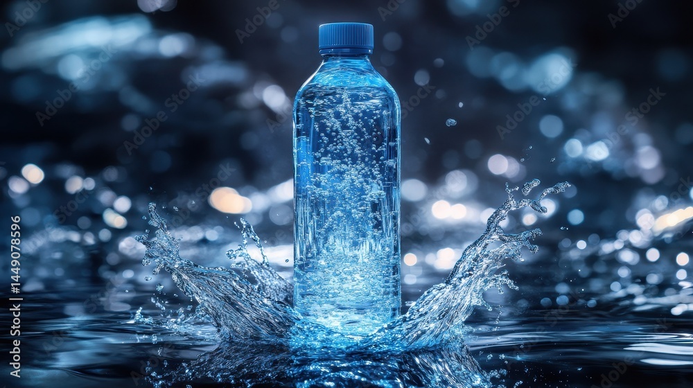 Refreshing water bottle in dynamic water splash. Refreshing water bottle in dynamic water splash.