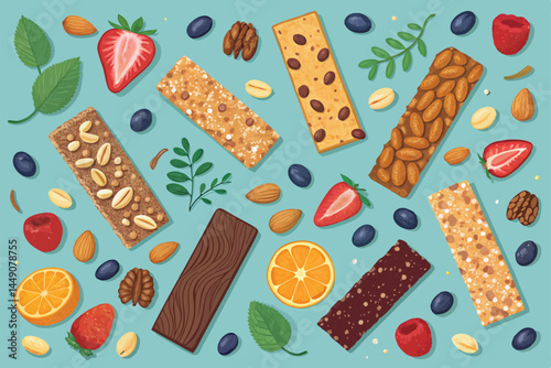 Create a vibrant, seamless vector pattern featuring a diverse array of healthy snacks like fruits, vegetables, nuts, and seeds.  Design should be appealing and suitable for various applications.