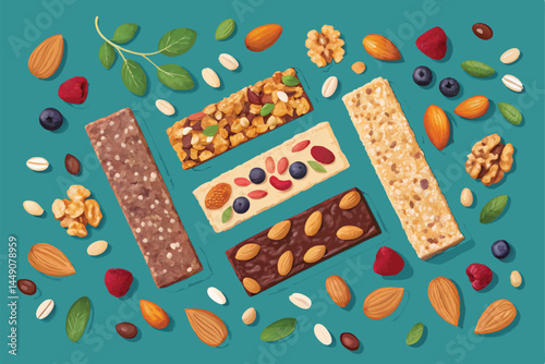 Create a vibrant, seamless vector pattern featuring a diverse array of healthy snacks like fruits, vegetables, nuts, and seeds.  Design should be appealing and suitable for various applications.