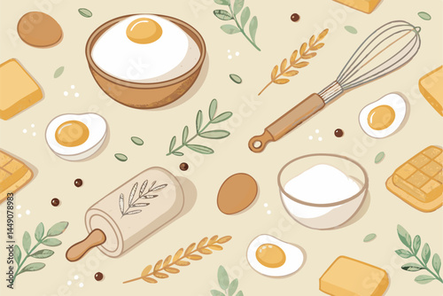 Create a seamless vector pattern featuring various baking ingredients, including flour, sugar, eggs, and vanilla, in a charming, rustic style.  Focus on detailed, realistic depiction.