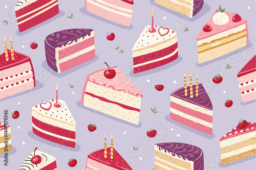 Create a seamless vector pattern featuring layered cakes with frosting, showcasing various designs and colors.  Include realistic textures and appealing visual details.