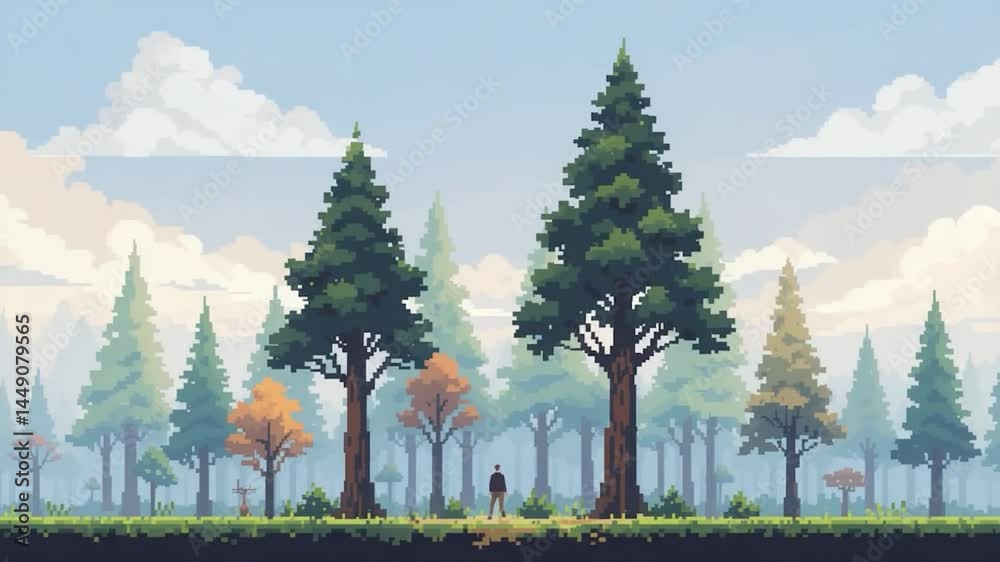 Tranquil forest digital illustration autumnal nature background 2 d pixel art landscape calm environment overhead perspective soft colors forest scene natural landscape scenery graphic design 