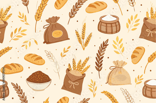Create a seamless vector pattern featuring realistic bakery bags and flour sacks, ideal for textile design or packaging.  Include various sizes and styles.
