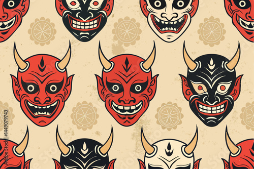 Create a seamless vector pattern featuring intricately detailed possessed masks and demonic griffins, ideal for Halloween or gothic designs.