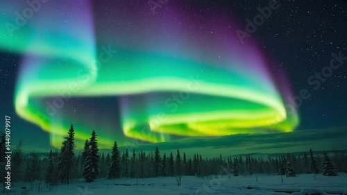 Aurora swirls in night sky. Perfect for astronomy enthusiasts, northern lights travel, majestic nature. Green blue aurora.