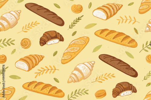 Create a seamless vector pattern featuring a delightful assortment of croissants in various shapes, sizes, and golden-brown hues, ideal for bakery branding or culinary-themed designs.