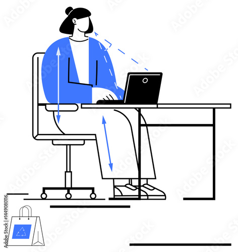 Woman seated at desk using a laptop with attention to ergonomic alignment. Ideal for productivity, remote work, office setup, health, efficiency, ergonomics, or simple landing page