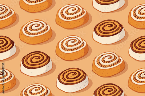 Create a bold, seamless vector pattern featuring delicious, richly glazed cinnamon rolls.  The design should be vibrant and visually appealing.