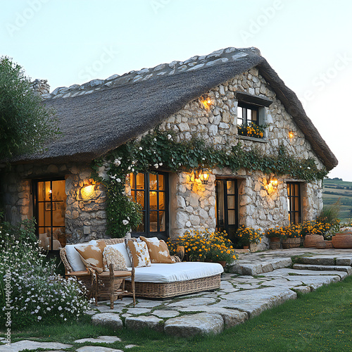 Rustic countryside cottage with stone walls and a thatched roof