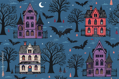 Design a seamless vector pattern featuring spooky, detailed haunted houses in various styles, perfect for Halloween or gothic designs.  Include bats, ghosts, and moonlit skies.