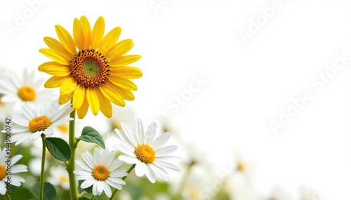 Lone sunflower among white daisies, bright white background, petals, isolated, sunflower