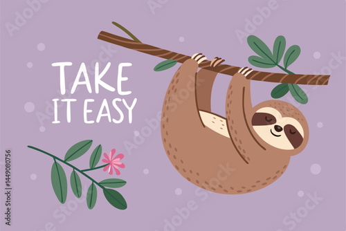 A sleepy sloth clinging to a tree branch, yawning widely, with a speech bubble saying "Take it easy".  Focus on the sloth's relaxed expression.