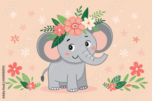 A cheerful elephant adorned with vibrant flowers on its head, smiling broadly against a bright, idyllic background.