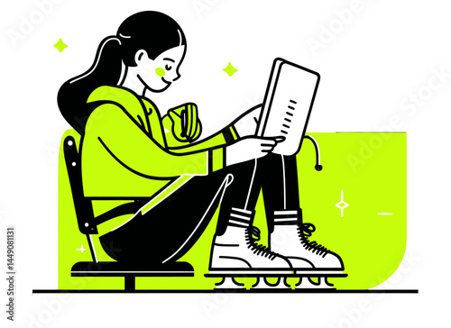 Relaxing Female Figure Skater Reading with Drink in Cozy Setting