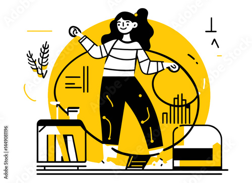 Joyful Young Woman Dancing with a Jump Rope in a Playful Doodle Style